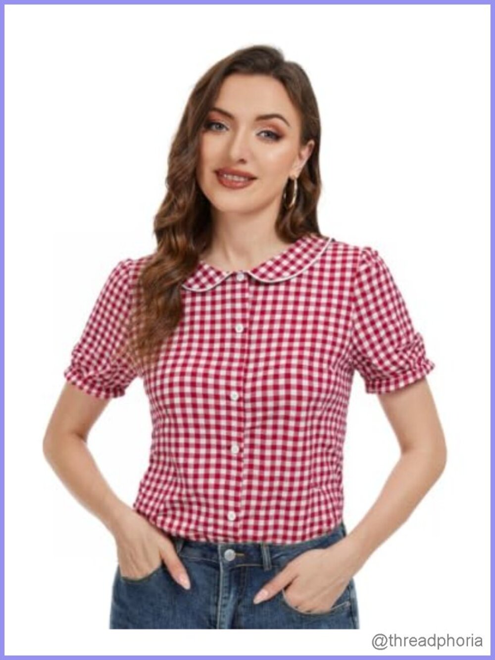 100% Cotton Plaid Puff Sleeve Blouse Doll Collar Button Down Shirt